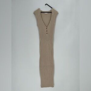 Posse Ribbed Knit V Neck Button Front Sleeveless Slim Fit Midi Dress